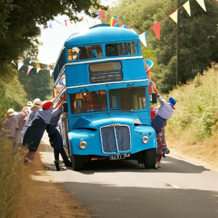 Pushing a blue bus. Image created using Bing AI / DALL-E