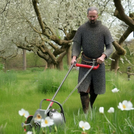 Sir William in chainmail (medieval 'elf and safety) cutting the grass, preparing for an open day. Image created using Bing AI / DALL-E