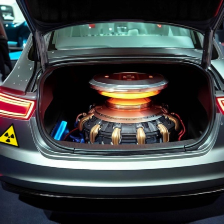 Nuclear powered Tesla car, showing reactor in trunk: Image created using Bing AI / DALL-E