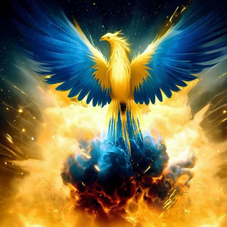 Bedraggled Phoenix rising from wreck of Starship spacecraft. Image created using Bing AI / DALL-E