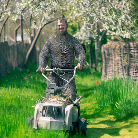Sir William in chainmail (medieval 'elf and safety) cutting the grass, preparing for an open day. Image created using Bing AI / DALL-E