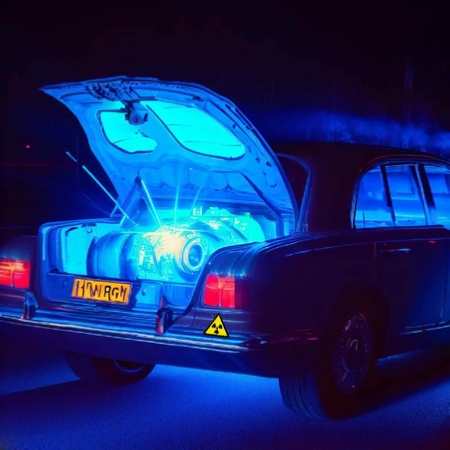 Nuclear powered Rolls-Royce car with reactor in the back. Image created using Bing AI / DALL-E